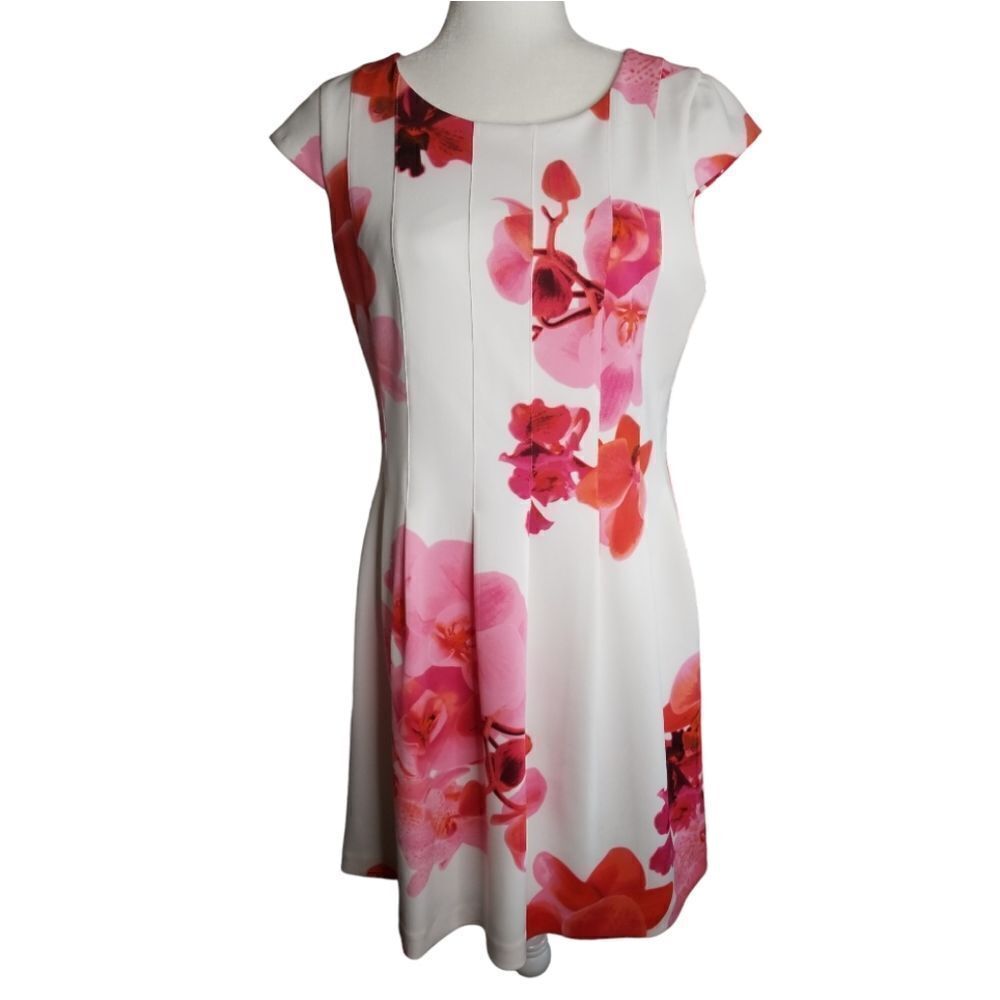 Calvin Klein A-Line Midi Dress White With Pink Floral Size 12 Petite